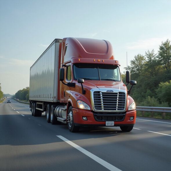 Red semi-truck on a highway, carrying a large cargo trailer, with a blue sky and trees in the background.