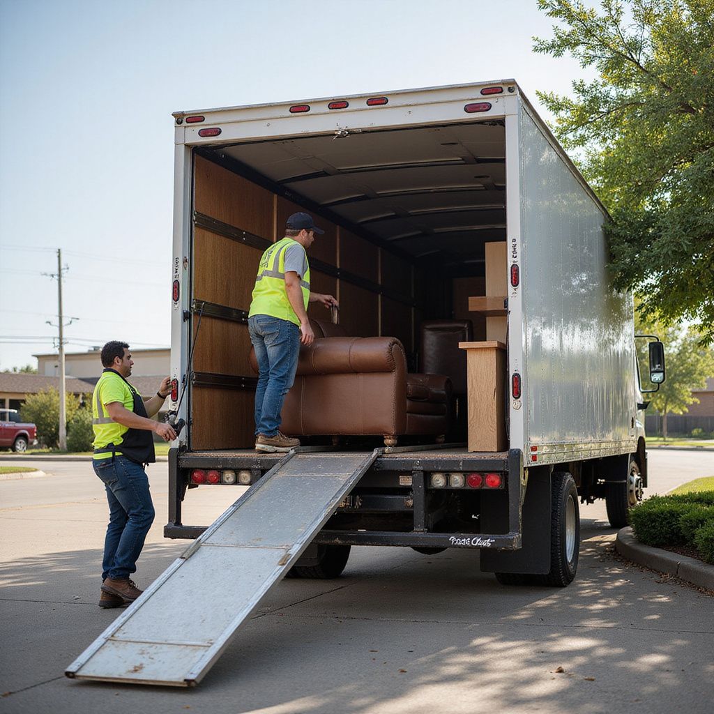 Two movers loading furniture into a truck with ramp. One holds a brown armchair, both wearing vests.