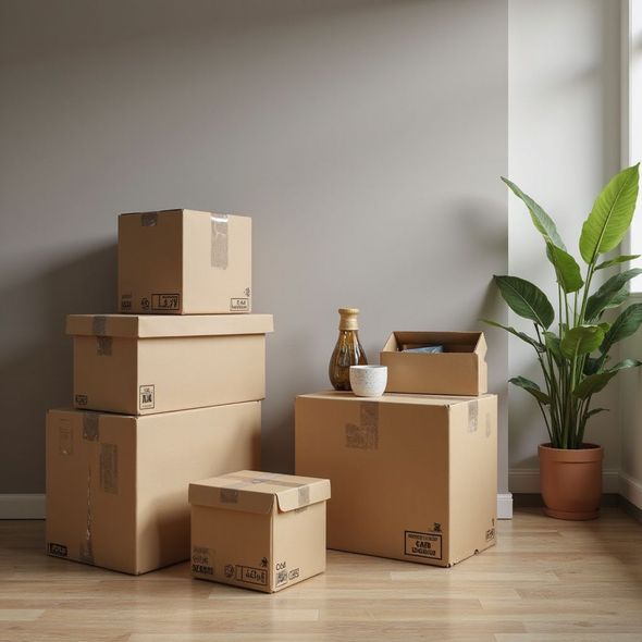 Cardboard boxes stacked in a room, suggesting a move. A plant in a pot sits nearby.
