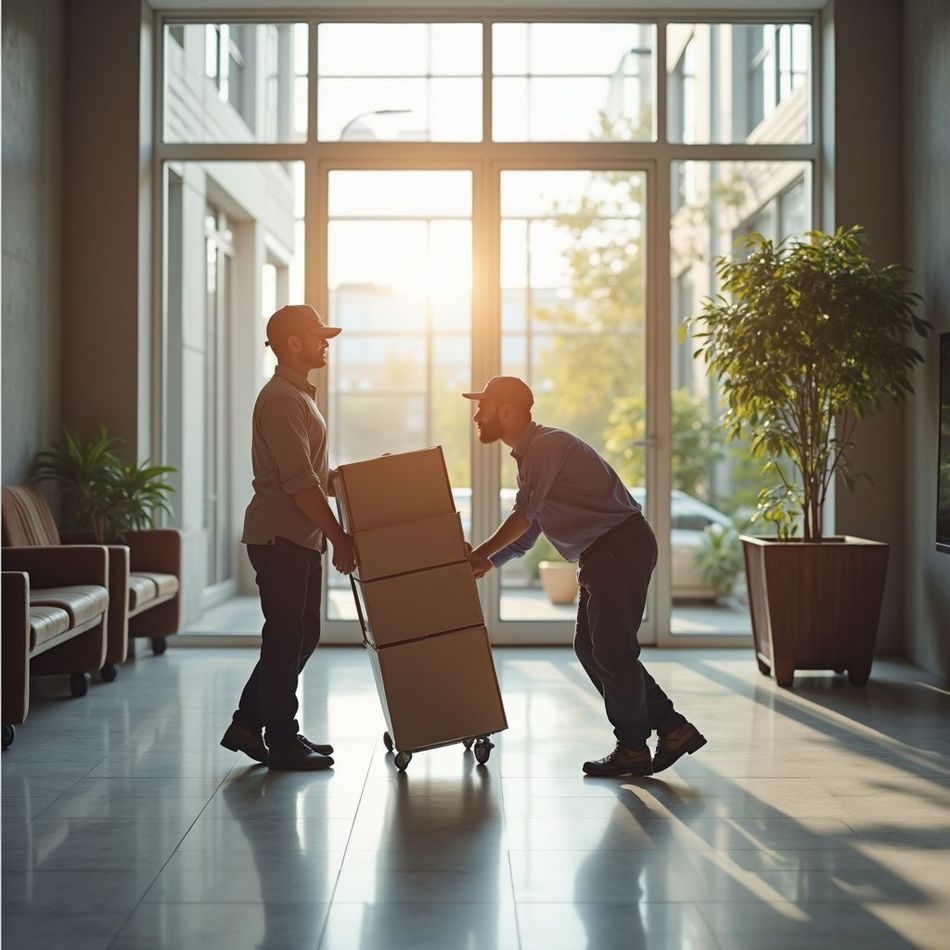 Two men move a stack of boxes on a dolly through a bright lobby.