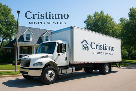 Movers loading boxes into a moving truck on a sunny residential street.