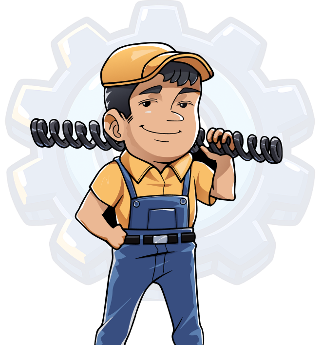 A cartoon mechanic in a yellow shirt and blue overalls smiles, carrying a large metal spring on their shoulder.