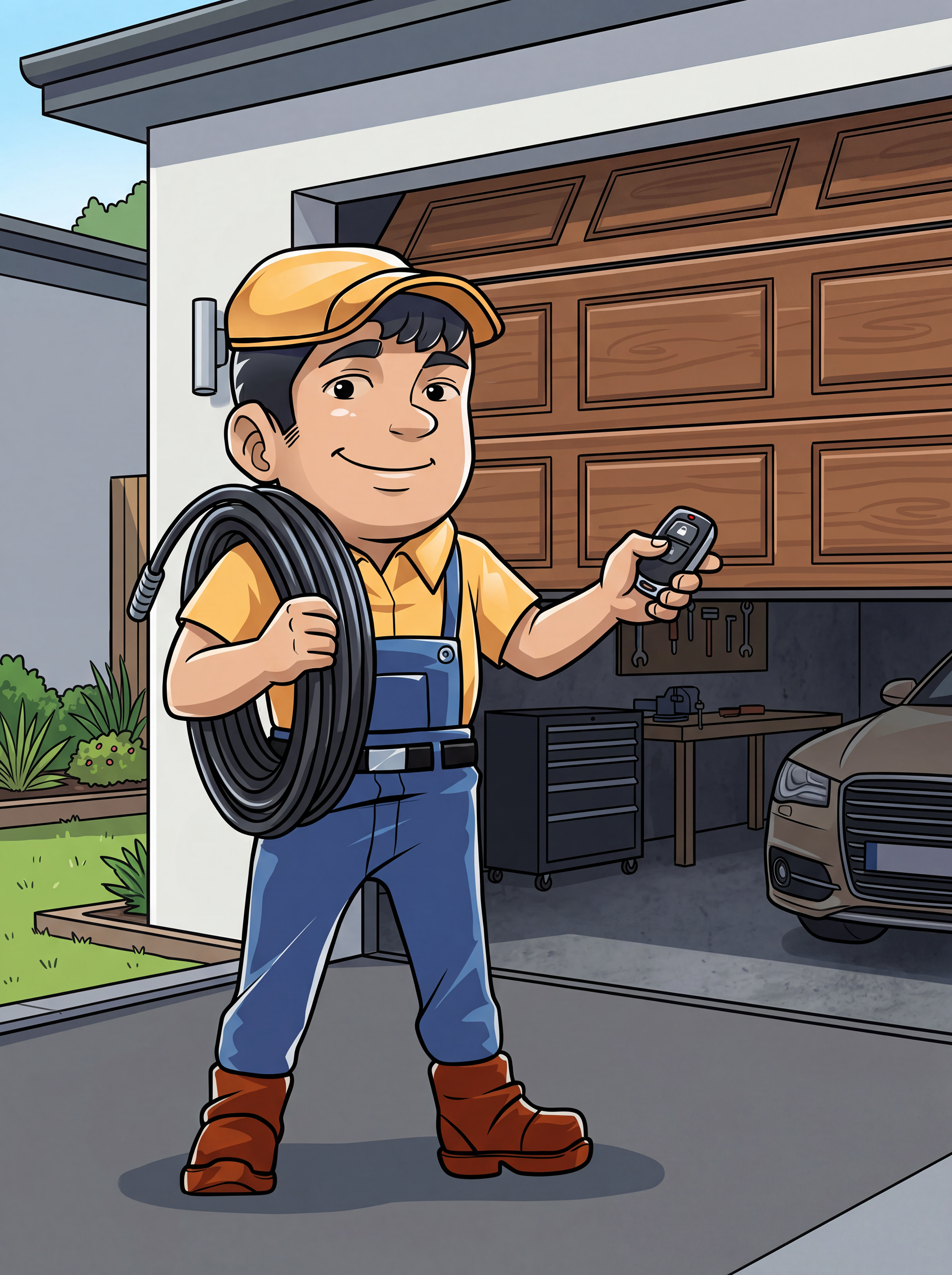 A technician holding a coil of cable and a garage door remote, standing in front of a house with an open garage.