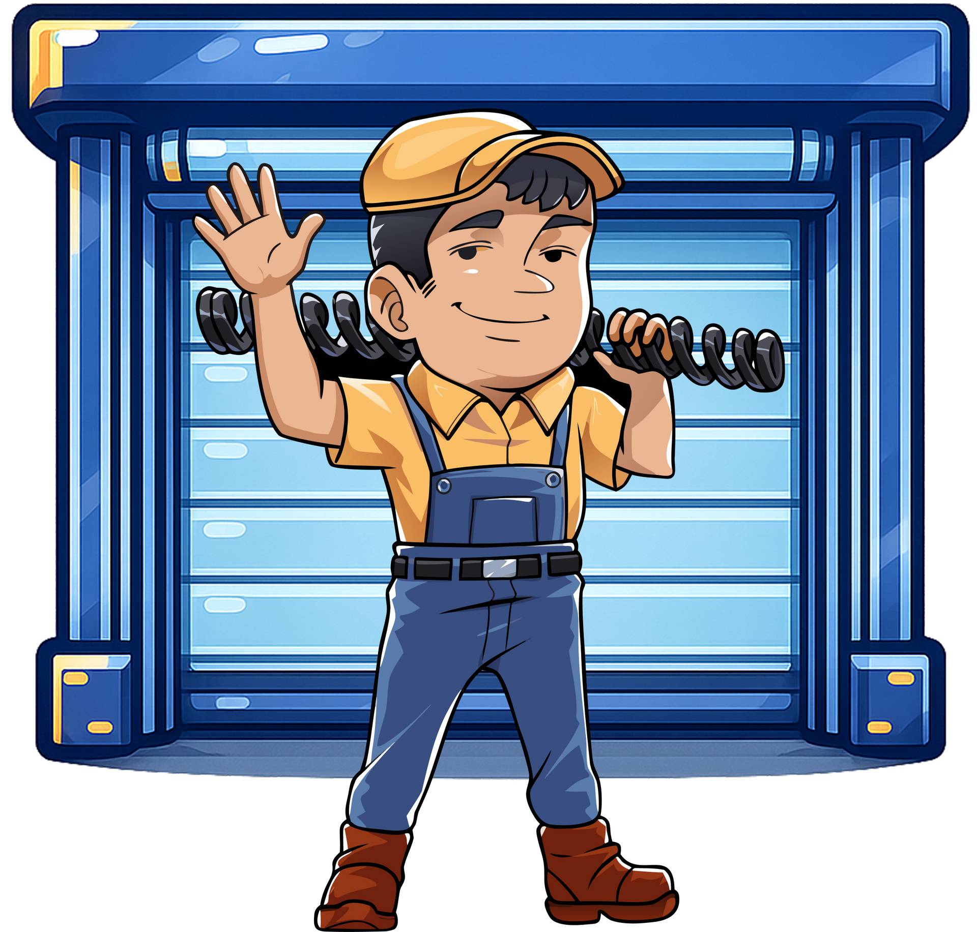 Cartoon repair worker in blue overalls waving in front of a blue garage door, holding a coiled metal spring.