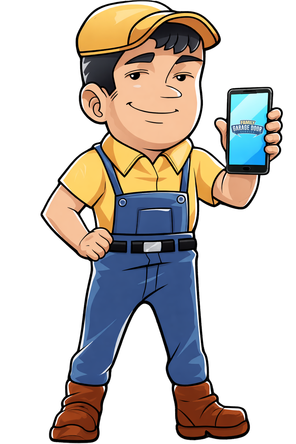 A smiling person in a yellow cap, shirt, and blue overalls holds up a smartphone displaying a logo.