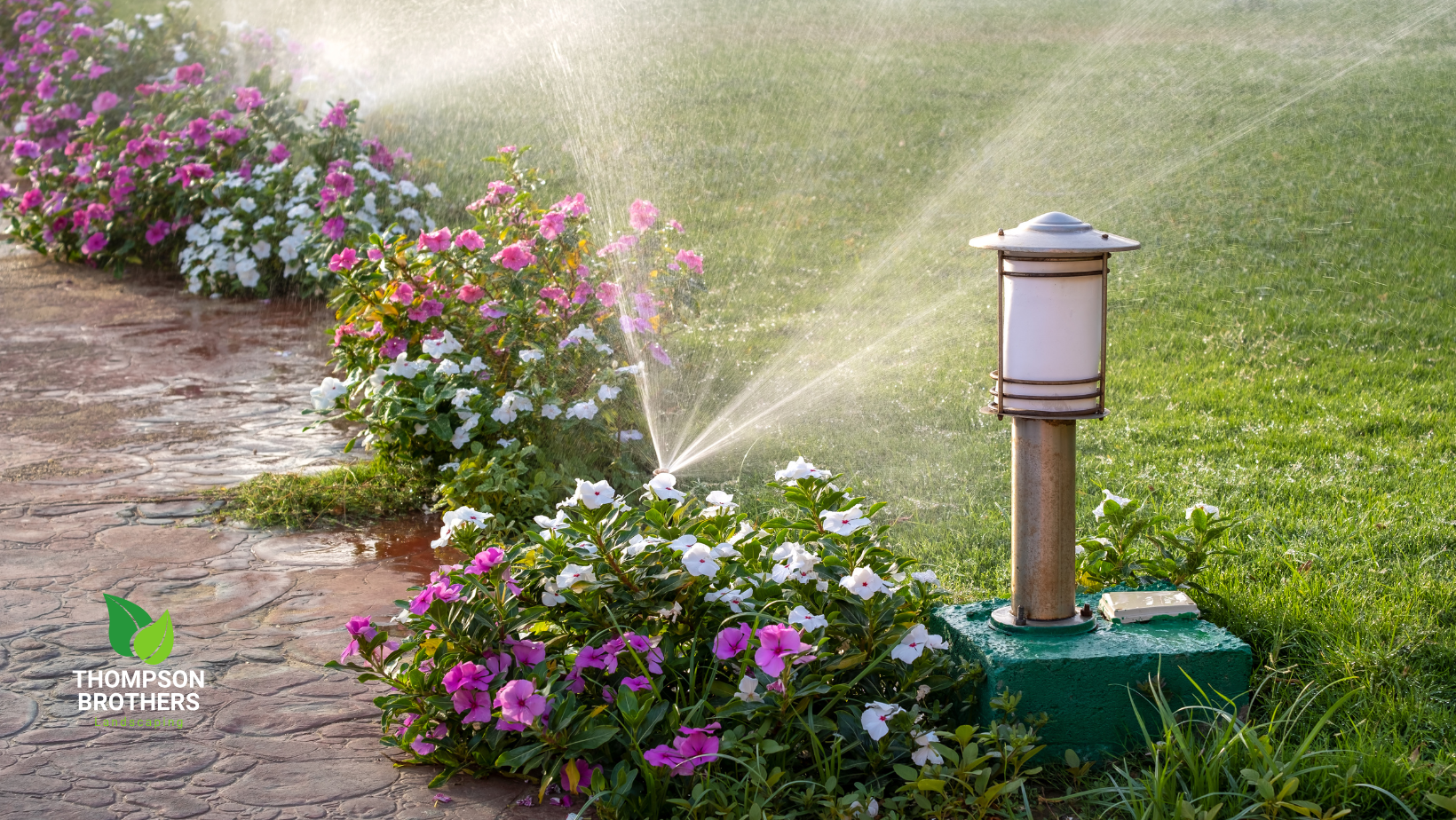 A sprinkler is spraying water in a garden next to a lamp post.