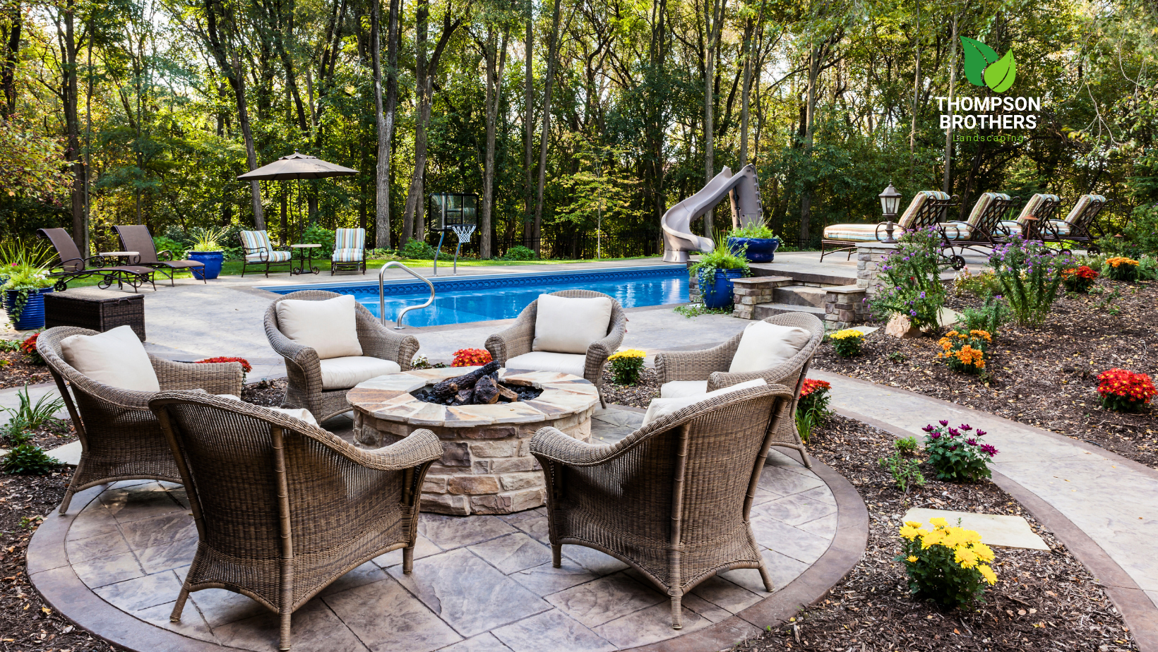 A patio with wicker furniture and a fire pit in front of a pool.