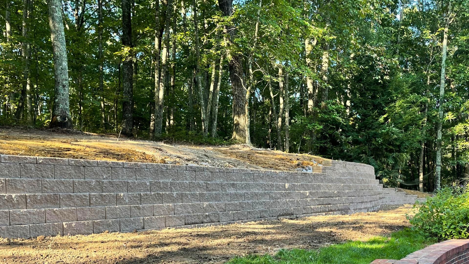 There is a brick wall in the middle of the woods.