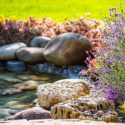 A garden with rocks , flowers and water in it