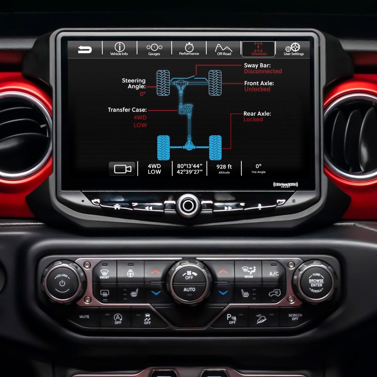 Stinger Heigh10 integrated into Jeep Wrangler with vehicle information displayed.