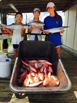 Three girls are holding fish in front of a wheelbarrow filled with fish.