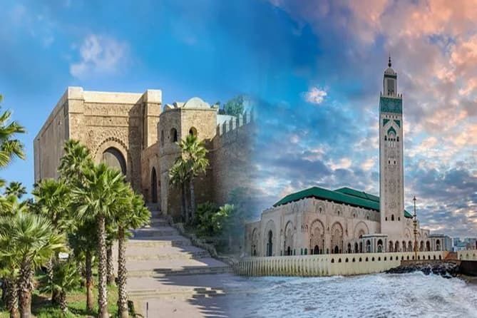 There is a castle and a mosque in the background in Casablanca