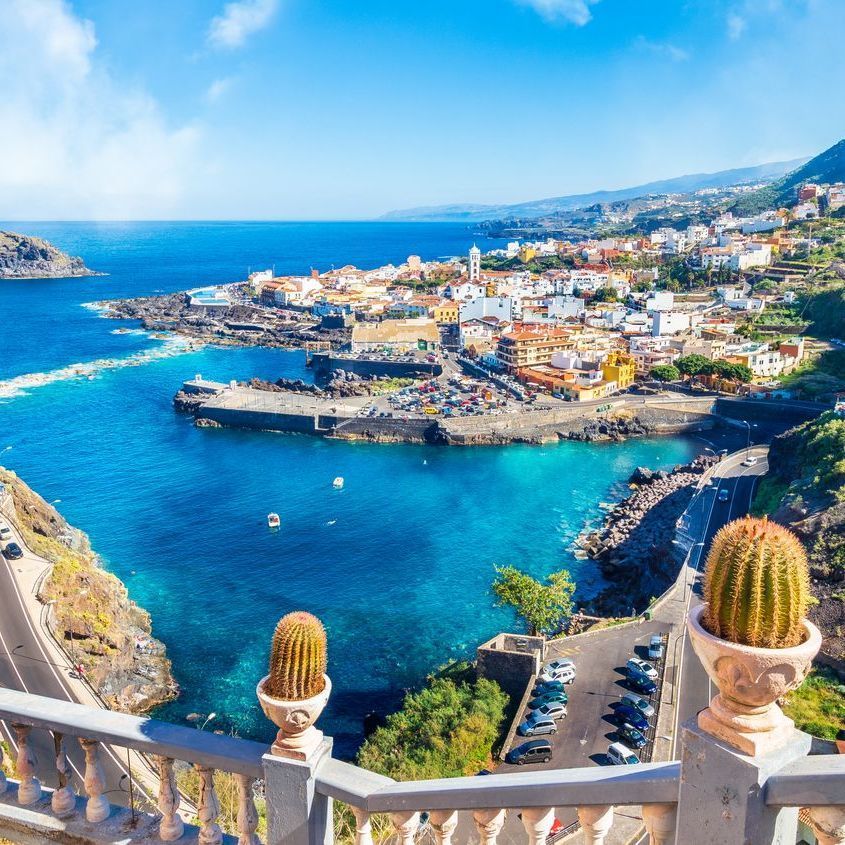 A view of Tenerife from a balcony overlooking the ocean.