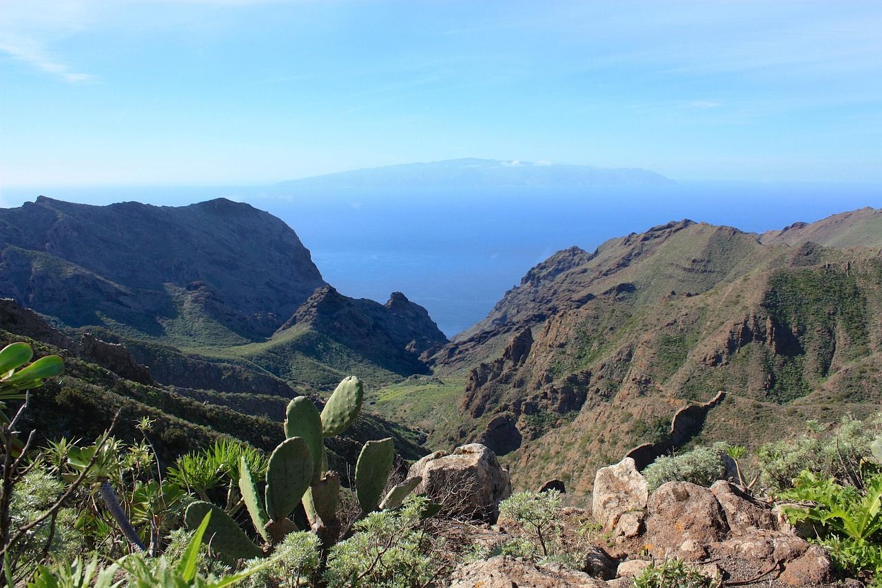 A view of a valley with mountains and a body of water in the background.