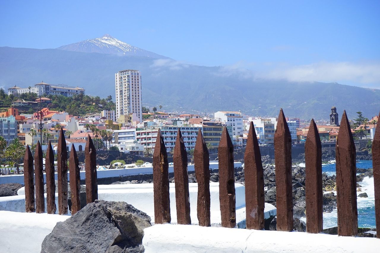 A fence with tenerife in the background and a mountain in the background