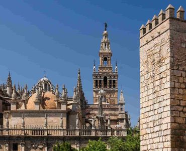 An aerial view of Seville with a large building in the background
