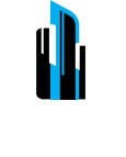 A black and blue building logo on a white background and  text 