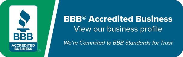 BBB Accredited Business logo with text: View our business profile. We're committed to BBB Standards for Trust.