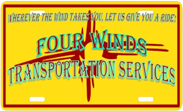 Yellow license plate reading "Wherever the wind takes you, let us give you a ride! Four Winds Transportation Services."