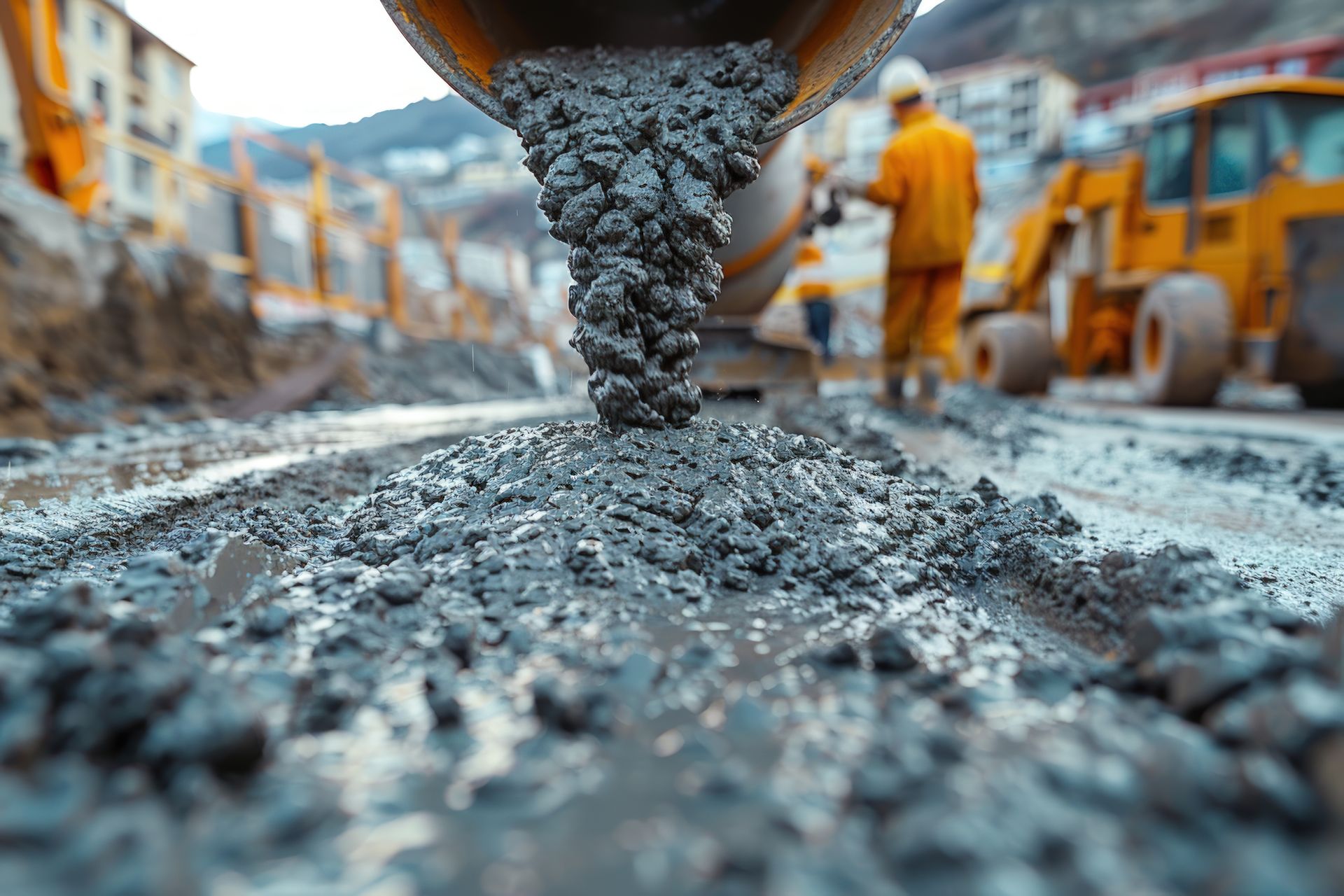 Un homme verse du béton à partir d'un seau sur un chantier de construction.