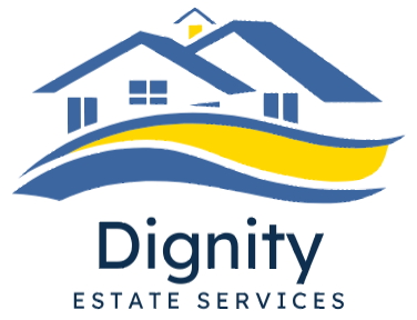 Logo for Dignity Estate Services: blue house graphic with yellow wave, dark blue text.