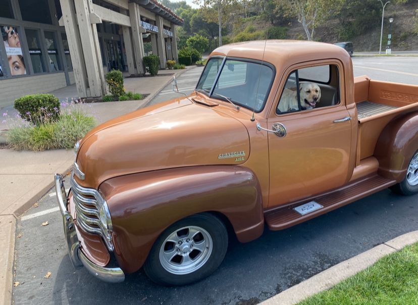 Yellow lab smiles from the window of a classic copper-colored Chevy pickup truck parked outside a building.