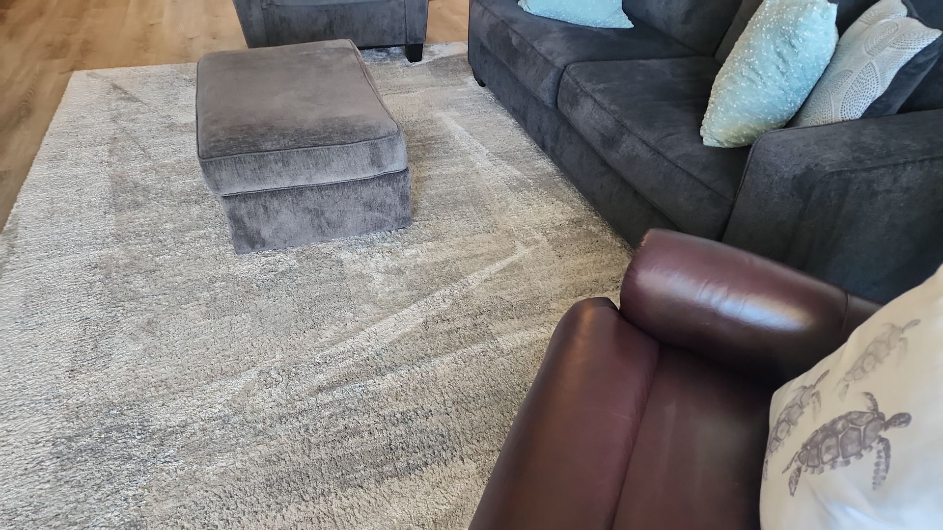 Gray living room with a rug, sofa, ottoman, and armchair.