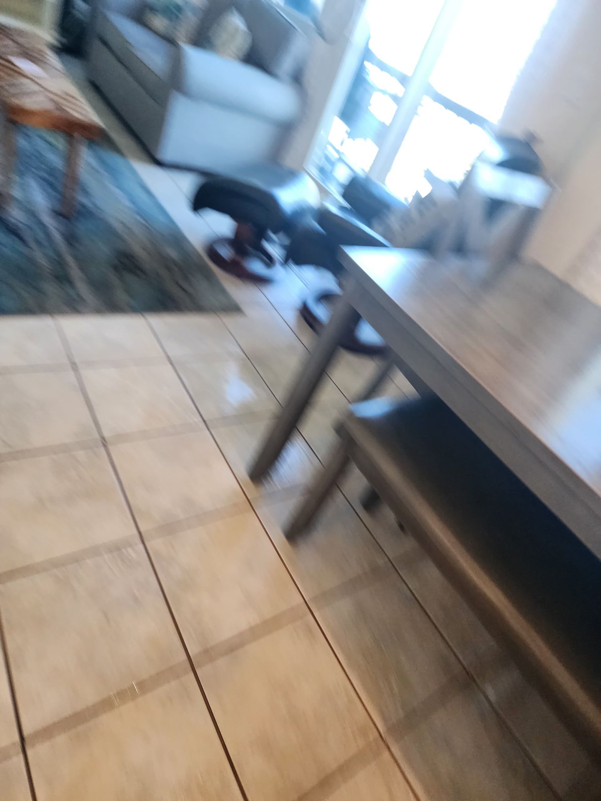 Living room with table and bench. Blue and tan rug, tile floor. Light and airy.