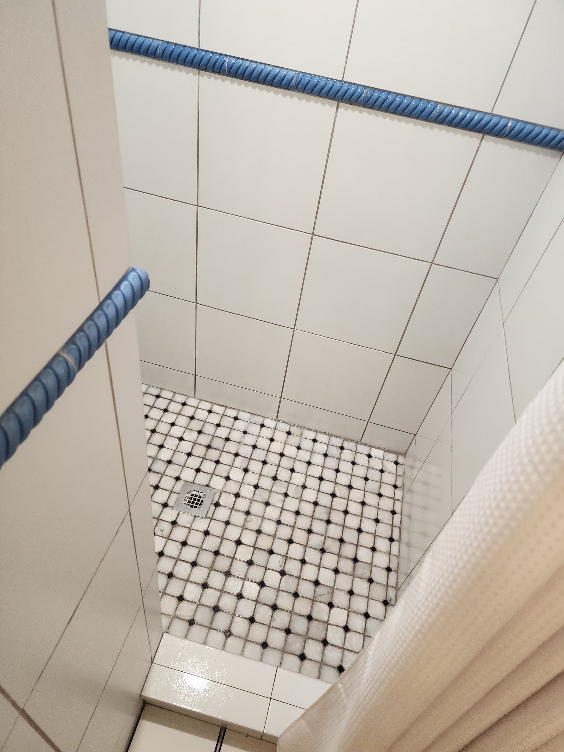 Small shower with white and black tiled floor and white walls. Blue metal bars are along the top and side.