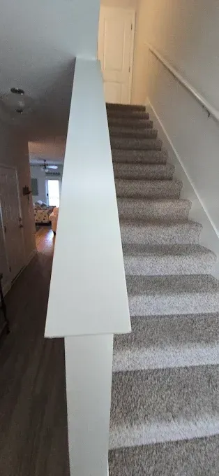 Staircase with carpeted steps and white railing leads to a door on the second floor.
