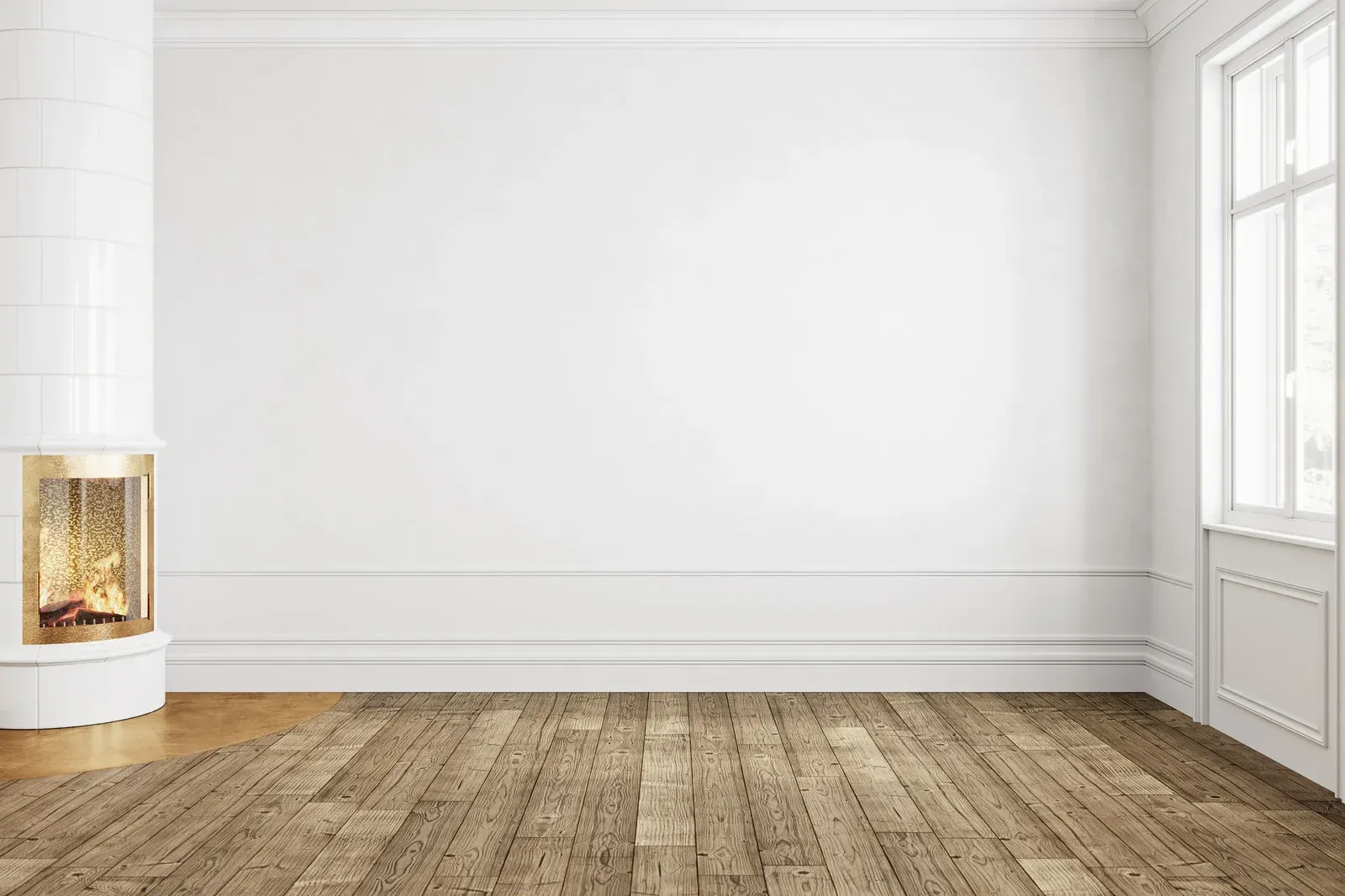 Empty white room with wood floor, fireplace, and window.