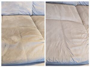 A before and after picture of a couch that has been cleaned.