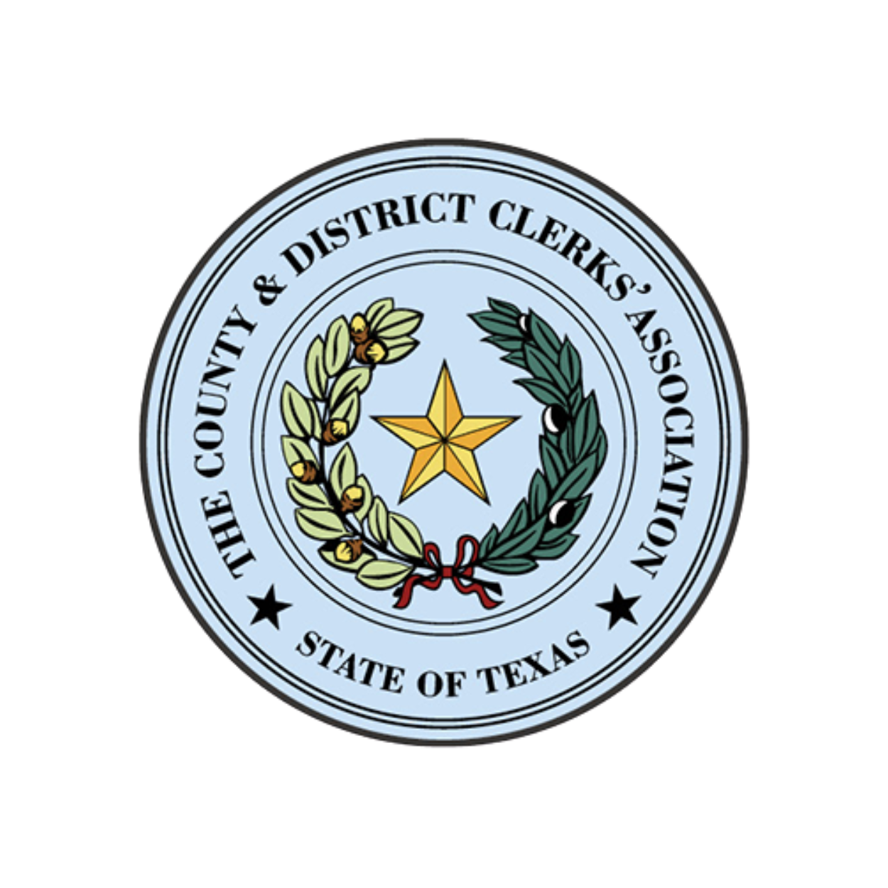 Emblem of the County & District Clerks' Association of Texas, featuring a gold star within a wreath, and text around the perimeter.