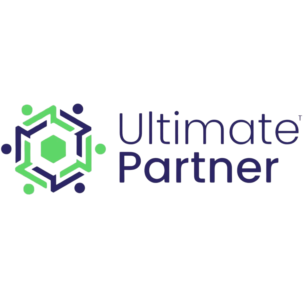 Logo for Ultimate Partner: a geometric design in green and blue, with the text