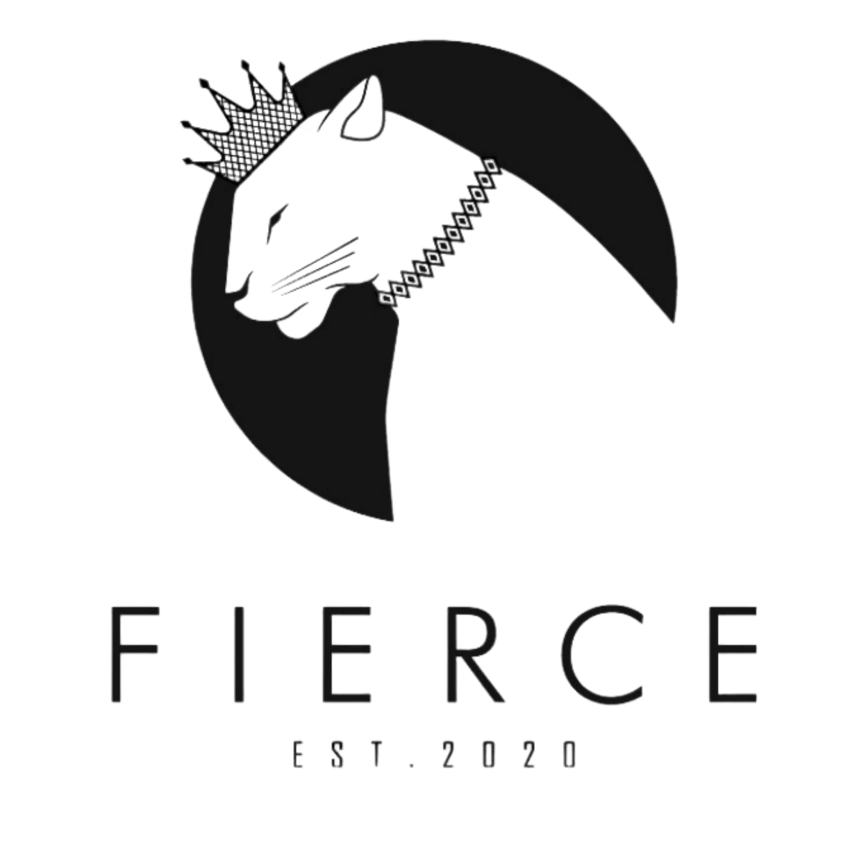 Logo featuring a white panther wearing a crown and necklace against a black circle, with the word 