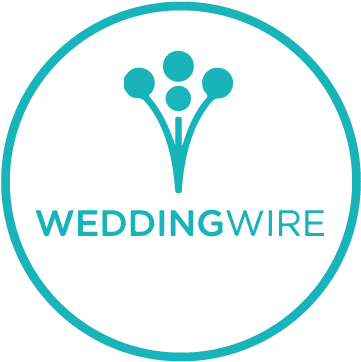 Logo for WeddingWire: a teal circle containing a teal graphic of stylized flowers above the word 