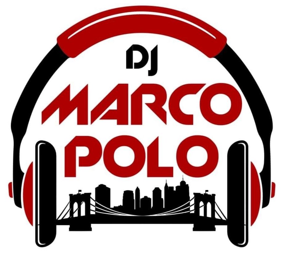 Logo for DJ Marco Polo featuring a red and black headphone outline, the DJ's name in red, and a cityscape silhouette at the bottom.