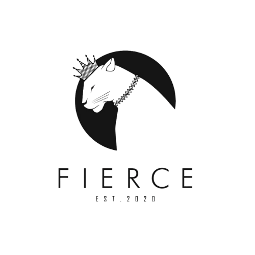 A black and white logo depicting a crowned panther within a black crescent, with