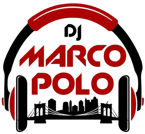 Logo for DJ Marco Polo with red and black headphones, text, and a silhouette of a cityscape with a bridge.