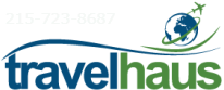 The travelhaus logo has a globe and an airplane on it.