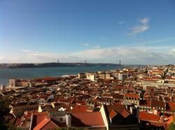An aerial view of a city with a bridge in the distance.