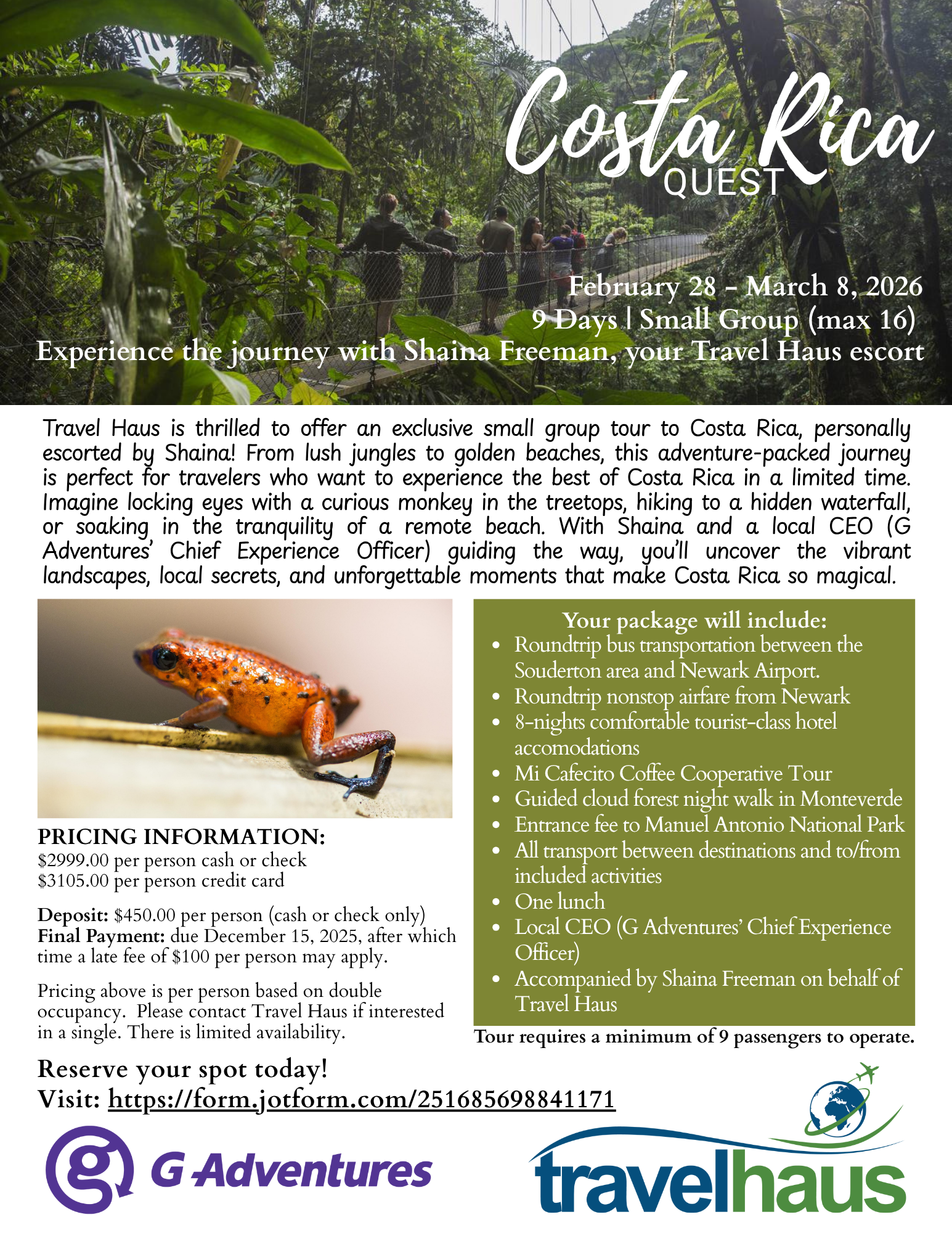 A flyer for a group trip to Costa Rica in February 2026