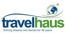 travelhaus logo The travelhaus logo has a globe and an airplane on it.