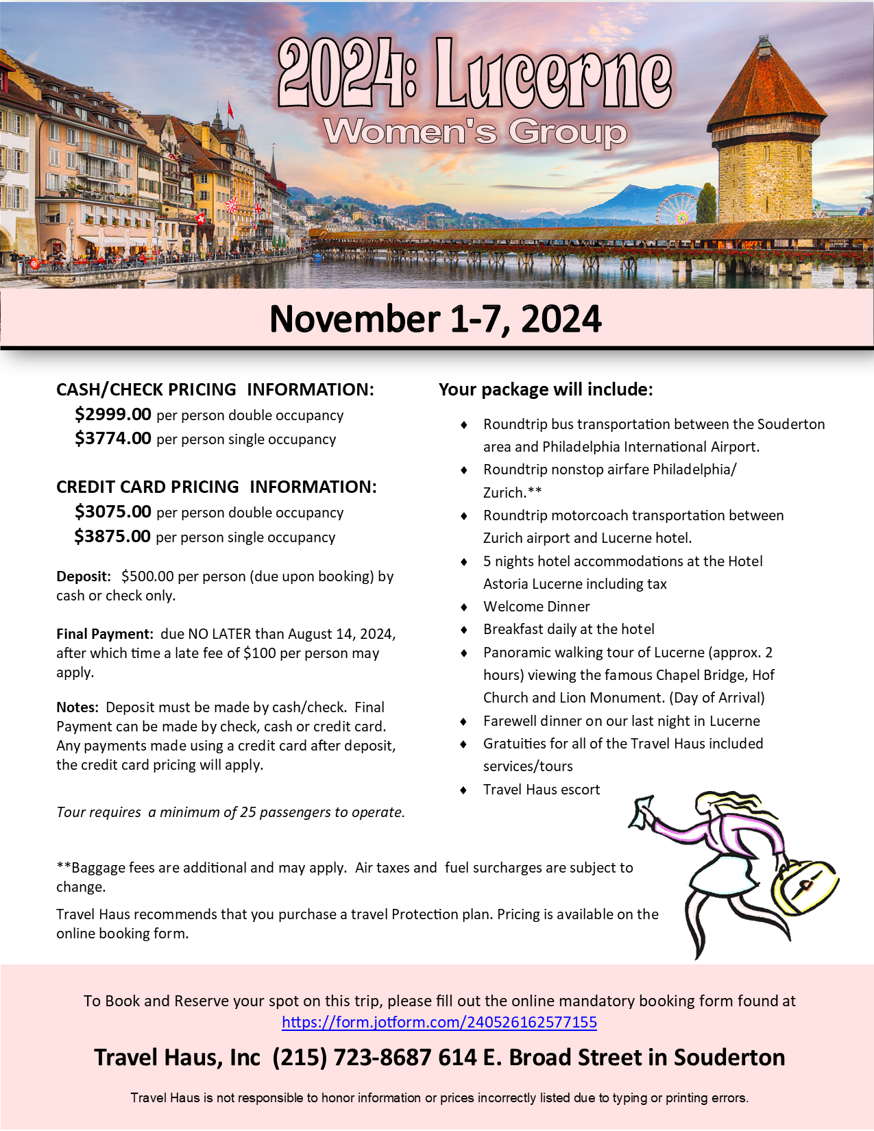 A flyer for a trip to lucerne in november 1-7 , 2024.