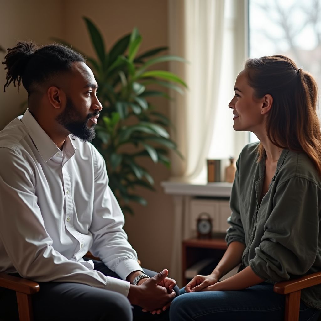 Two people in chairs, talking. One person is wearing a white shirt; the other is in a green shirt. Interior room, window in the background.