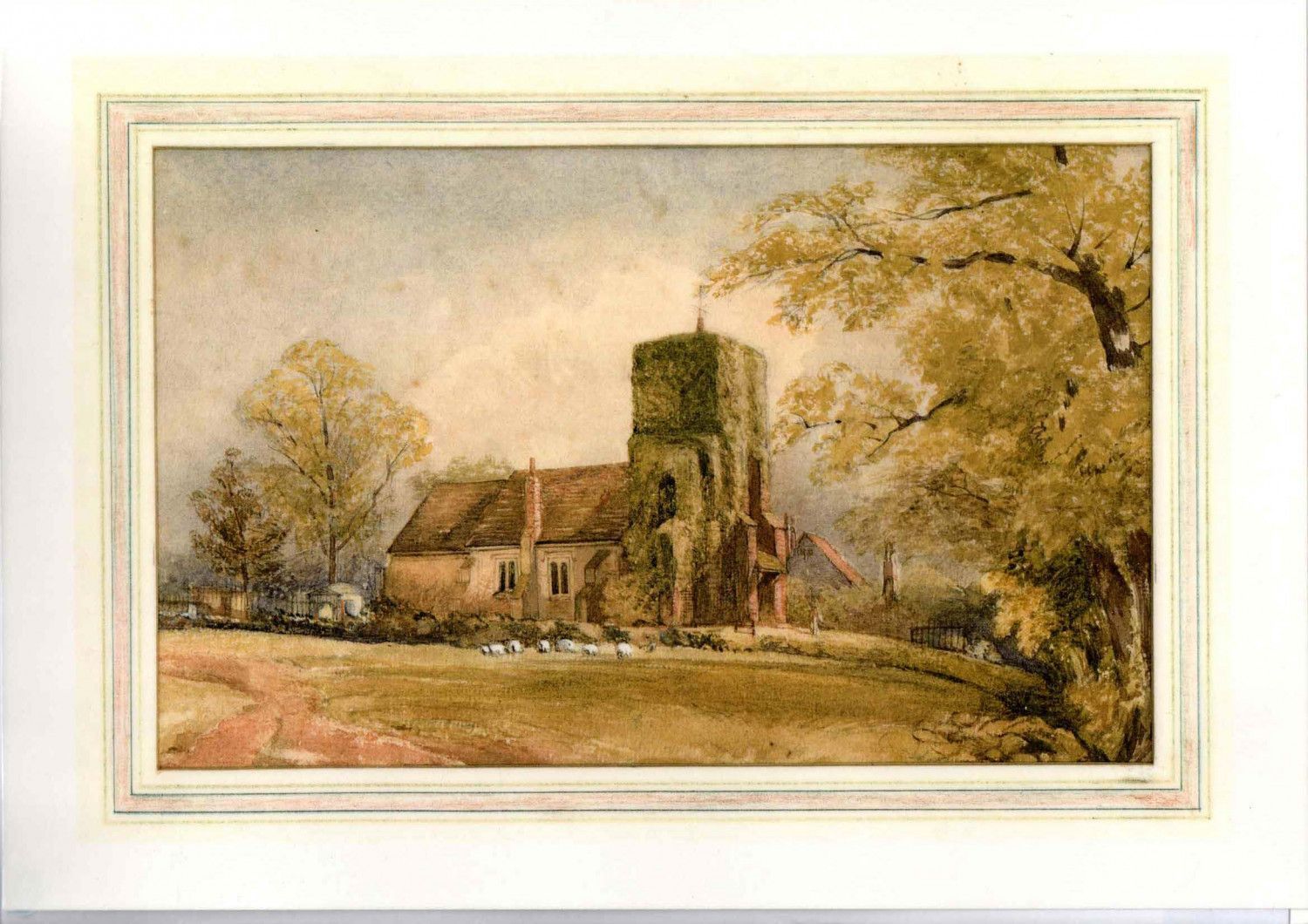 Watercolor painting of a church with a square tower in a field with trees in autumn colors.