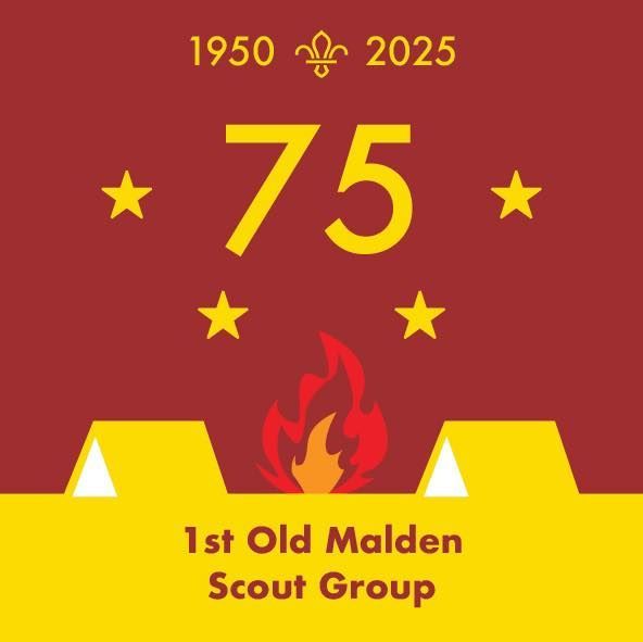 75th anniversary logo for 1st Old Malden Scout Group: Red background, yellow numbers, stars, and a campfire. 1950-2025.