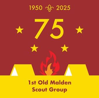 75th anniversary logo for 1st Old Malden Scout Group: Red background, yellow numbers, stars, and a campfire. 1950-2025.