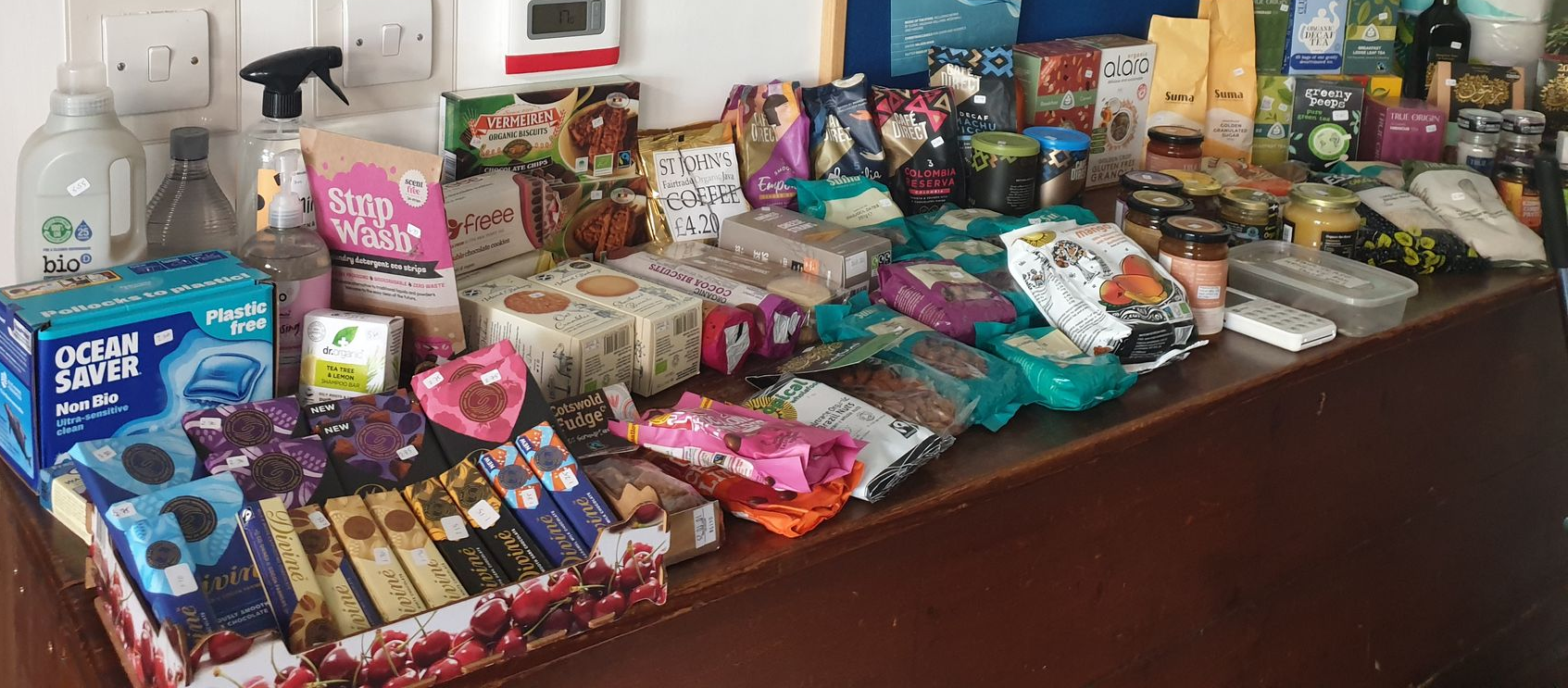 Tabletop display of various snacks and food items.