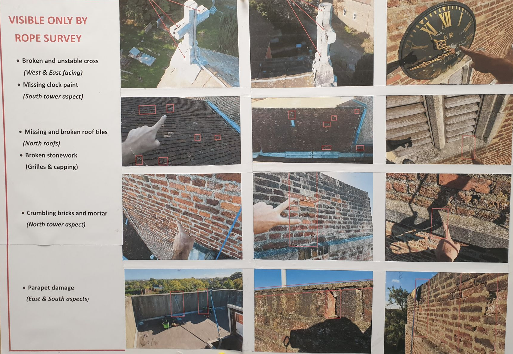 Photos from a rope survey, showing brickwork close-ups of damage and the building's exterior.